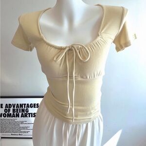 Cream Short Sleeve Tie-Front Top